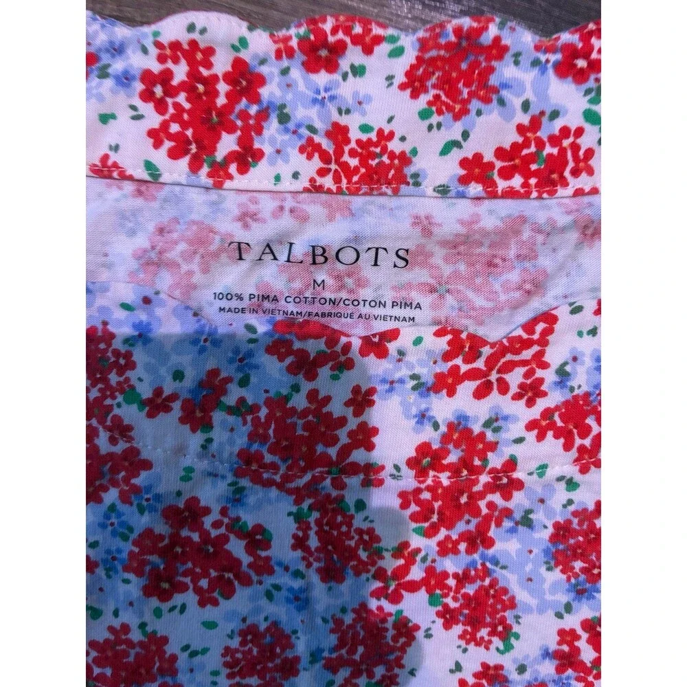 Talbots Floral Pima Cotton Top Women’s Medium Scalloped Neck Short Sleeve - Picture 2 of 2